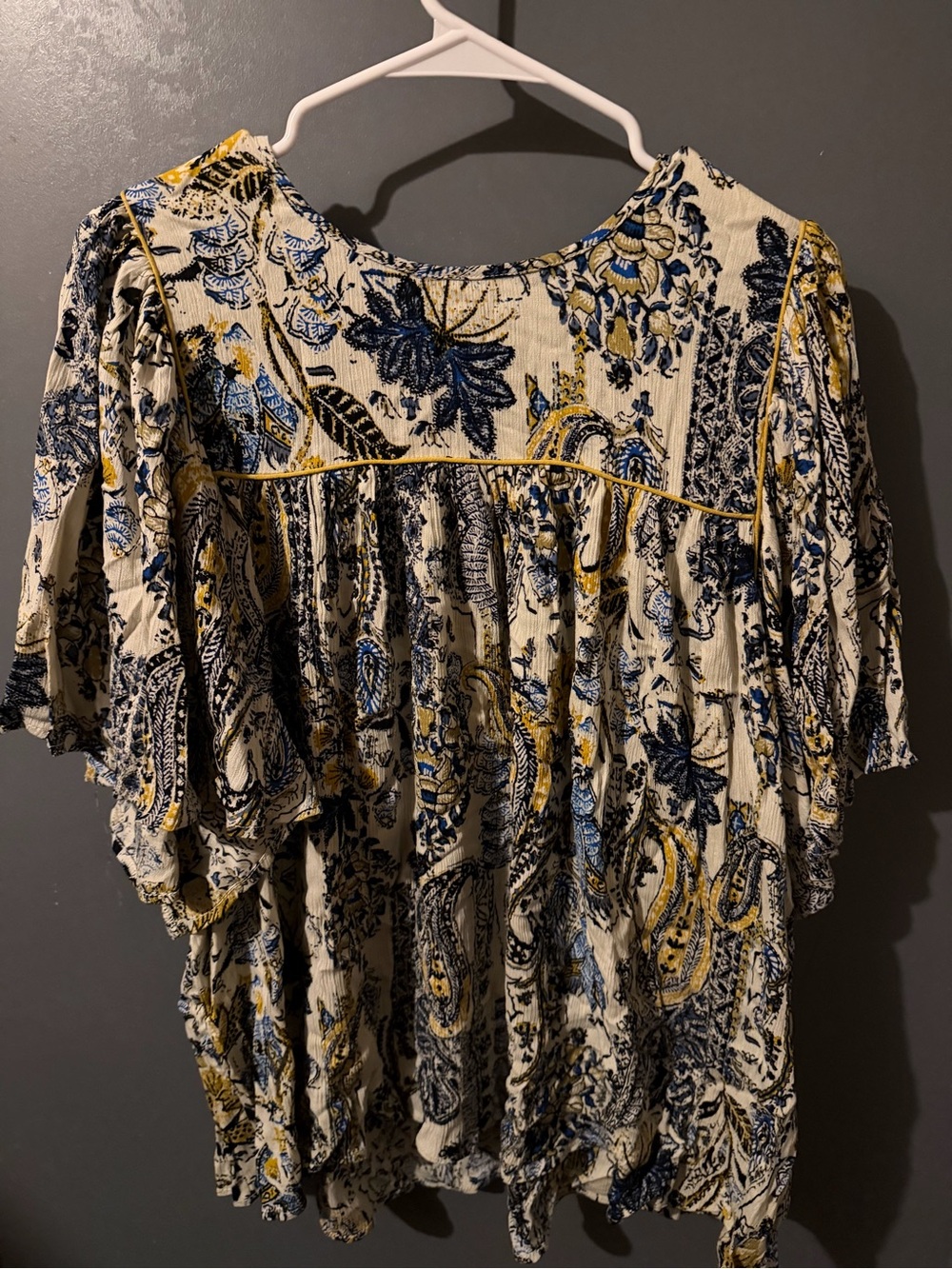 Boho Floral Peasant Top in Cream with Blue & Mustard